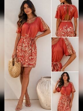 BCBG Max Azria Orange Swirl Print Mini Dress Size Small | Y2K Boho Greek Goddess
